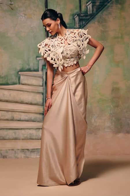 Label Moni K Twilight Draped Skirt & Cutwork Cape Set 