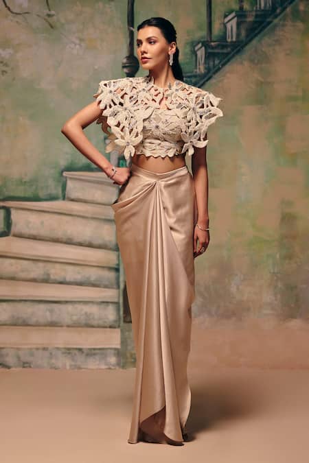 Label Moni K Twilight Draped Skirt & Cutwork Cape Set 