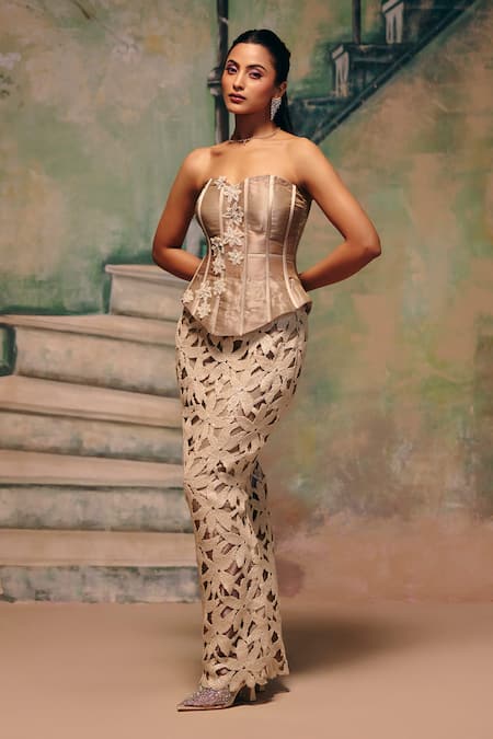 Shop_Label Moni K_Beige Satin Lace, Applique Bandeau Glimpse Floral Skirt And Sculpted Blouse Set _Online_at_Aza_Fashions