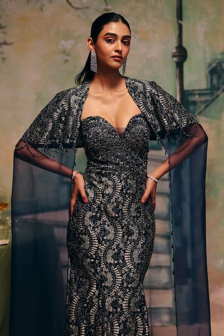 Label Moni K_Blue Organza, Chantelle Sequins Sweetheart Senorita Embellished Gown With Cape _Online_at_Aza_Fashions