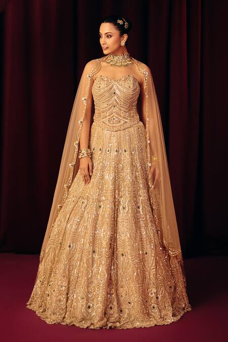 Label Moni K_Gold Organza, Net Embroidery, Sequins, Beads, Pearls, Noorie Corset Lehenga Set _Online_at_Aza_Fashions