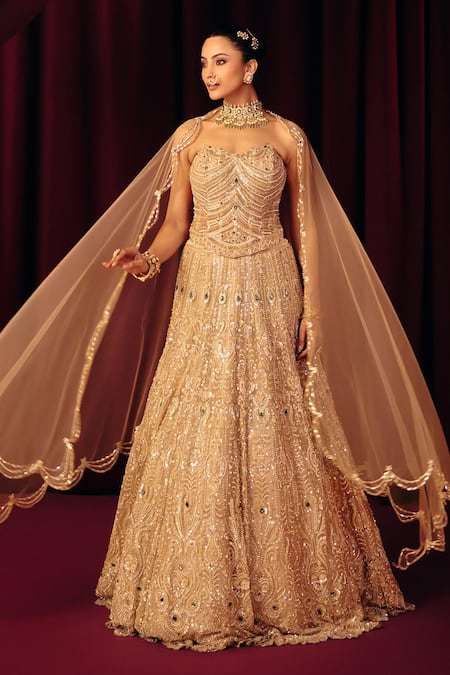 Label Moni K_Gold Organza, Net Embroidery, Sequins, Beads, Pearls, Noorie Corset Lehenga Set _at_Aza_Fashions