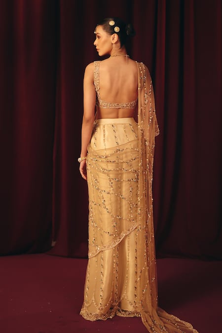 Label Moni K Sona Embellished Pre-Draped Saree With Blouse 