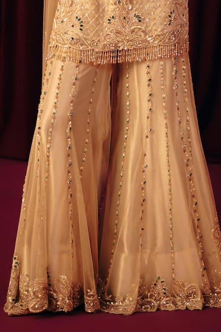 Label Moni K_Gold Organza, Net Sequins, Beads, Pearls, Embroidery Khoobsurat Sharara Set _Online_at_Aza_Fashions