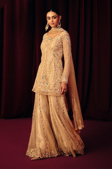 Buy_Label Moni K_Gold Organza, Net Sequins, Beads, Pearls, Embroidery Khoobsurat Sharara Set 