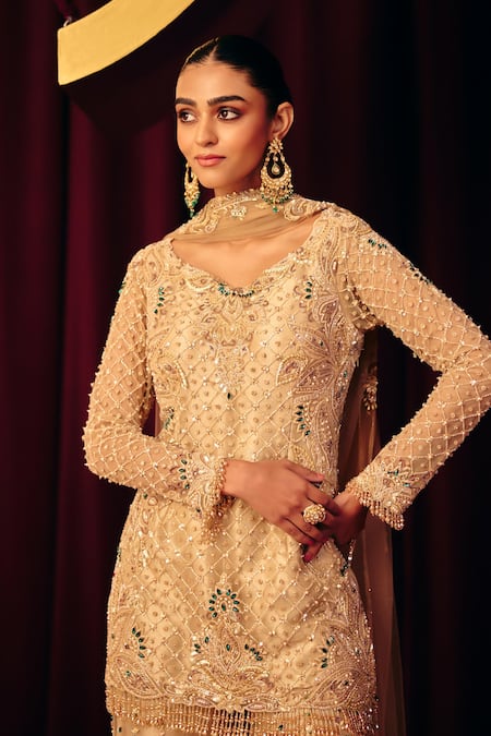 Shop_Label Moni K_Gold Organza, Net Sequins, Beads, Pearls, Embroidery Khoobsurat Sharara Set 