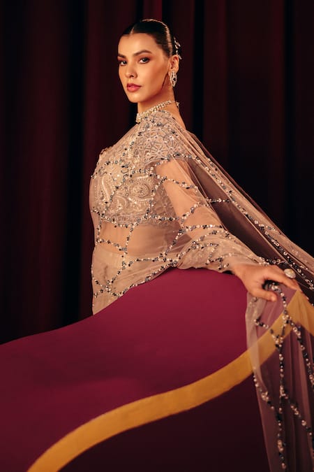 Buy_Label Moni K_Grey Satin, Net Sequins, Chaandni Embroidered Pre-draped Saree With Blouse _Online_at_Aza_Fashions