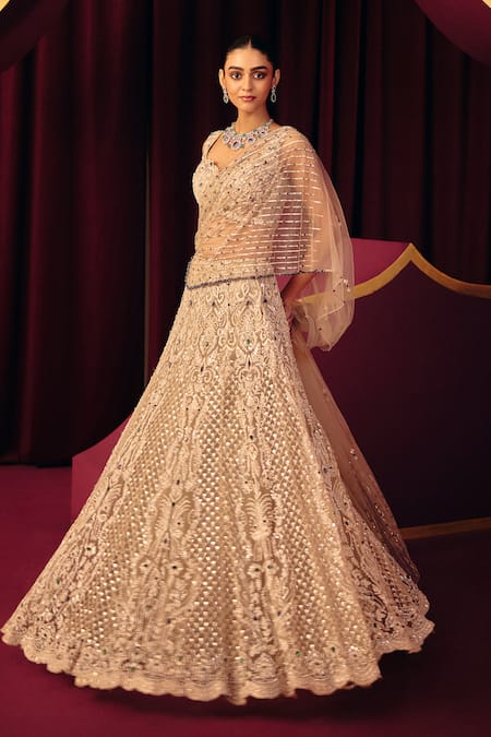 Shop_Label Moni K_Grey Satin, Net Sequins, Beads, Stones Sapphire Embellished Corset Lehenga Set _Online_at_Aza_Fashions