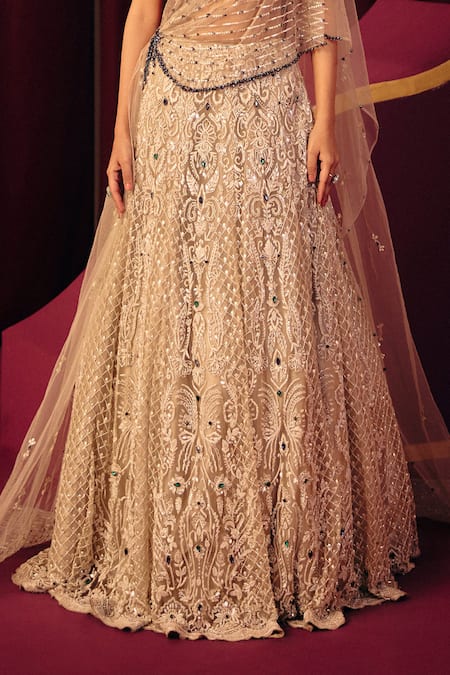 Label Moni K_Grey Satin, Net Sequins, Beads, Stones Sapphire Embellished Corset Lehenga Set _at_Aza_Fashions