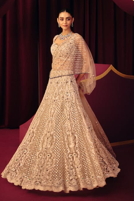 Buy_Label Moni K_Grey Satin, Net Sequins, Beads, Stones Sapphire Embellished Corset Lehenga Set 