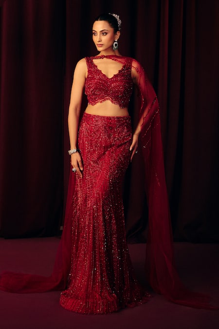 Label Moni K Fitoor Embellished Fish Cut Lehenga Set 