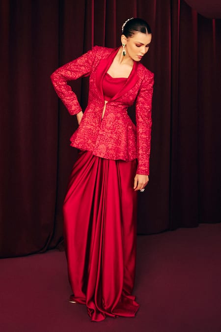 Buy_Label Moni K_Red Silk, Satin Collared, Cowl Neck Nagma Peplum Jacket And Draped Skirt Set _Online_at_Aza_Fashions