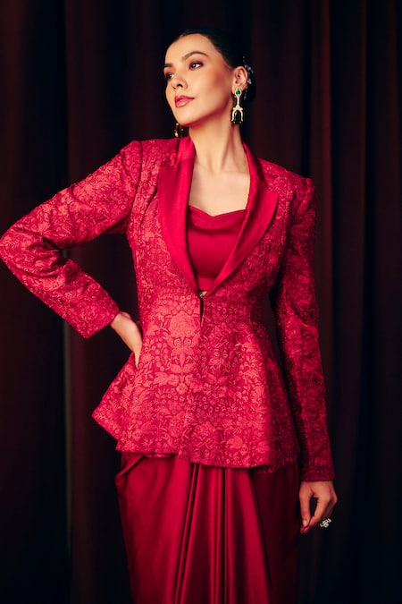 Shop_Label Moni K_Red Silk, Satin Collared, Cowl Neck Nagma Peplum Jacket And Draped Skirt Set _Online_at_Aza_Fashions