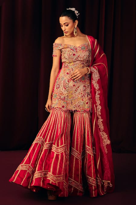 Label Moni K_Pink Silk Embroidery, Sequins, Zari, Gota Patti Noor Kurta Sharara Set _Online_at_Aza_Fashions