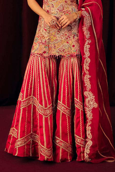 Buy_Label Moni K_Pink Silk Embroidery, Sequins, Zari, Gota Patti Noor Kurta Sharara Set _Online_at_Aza_Fashions