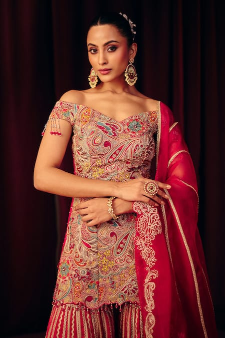 Shop_Label Moni K_Pink Silk Embroidery, Sequins, Zari, Gota Patti Noor Kurta Sharara Set _Online_at_Aza_Fashions