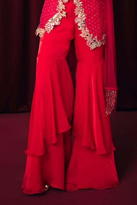 Label Moni K_Pink Organza Embroidery, Mirrors, Beads, Vrinda Paisley Tunic Sharara Set _Online_at_Aza_Fashions