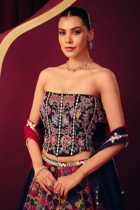 Label Moni K_Multi Color Organza Thread Embroidery, Mirrors, Sahiba Mosaic Print Lehenga Set _Online_at_Aza_Fashions