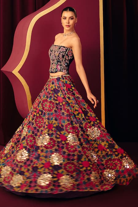 Shop_Label Moni K_Multi Color Organza Thread Embroidery, Mirrors, Sahiba Mosaic Print Lehenga Set _Online_at_Aza_Fashions
