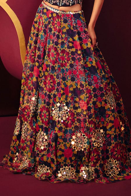 Label Moni K_Multi Color Organza Thread Embroidery, Mirrors, Sahiba Mosaic Print Lehenga Set _at_Aza_Fashions
