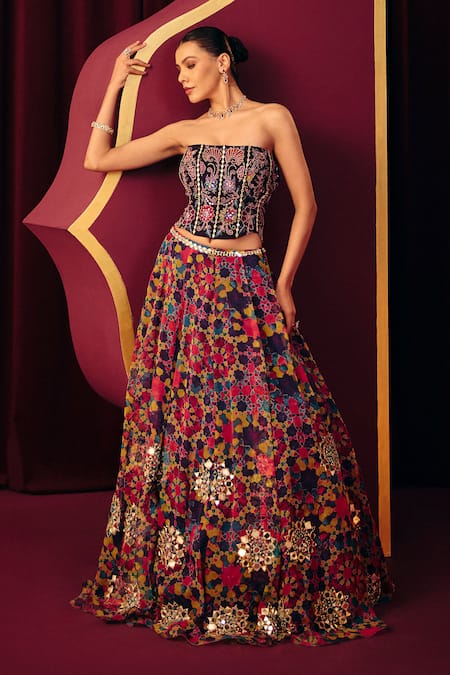 Buy_Label Moni K_Multi Color Organza Thread Embroidery, Mirrors, Sahiba Mosaic Print Lehenga Set 
