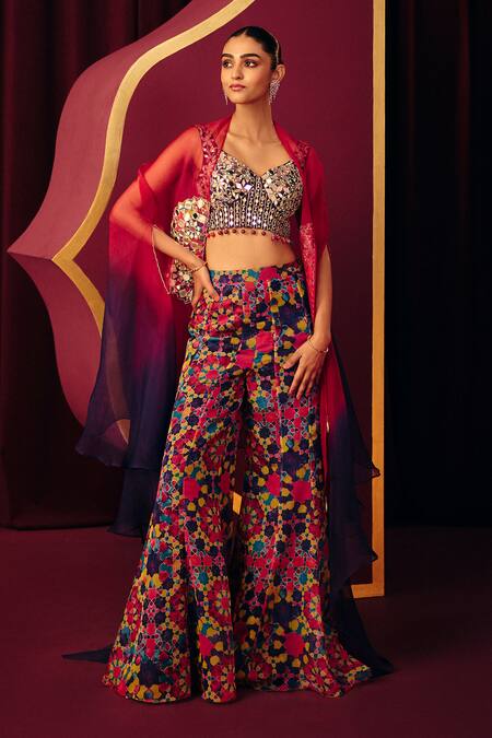 Label Moni K_Multi Color Organza Mirrors Sweetheart Bahaar Ombre Cape And Printed Sharara Set _Online_at_Aza_Fashions