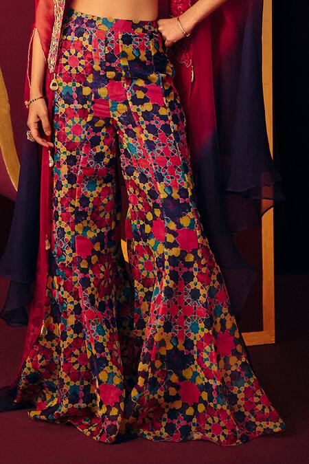 Buy_Label Moni K_Multi Color Organza Mirrors Sweetheart Bahaar Ombre Cape And Printed Sharara Set _Online_at_Aza_Fashions