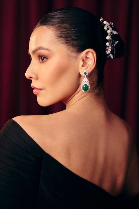 Label Moni K_Black Crepe Sequins, Crystals O My Darling Embroidered Corset And Draped Skirt Set _Online_at_Aza_Fashions