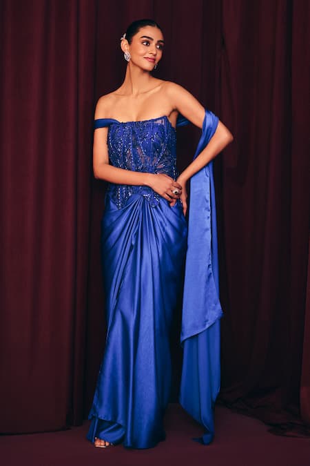 Shop_Label Moni K_Blue Satin, Net Sequins, Beads Junoon Embellished Corset And Draped Skirt Set _Online_at_Aza_Fashions