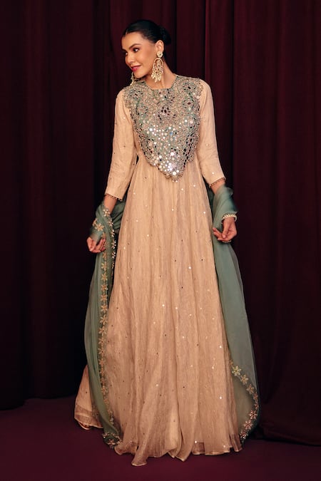 Label Moni K_Green Organza, Tissue Mirrors, Sequins, Ranjhna Work Anarkali With Dupatta _Online_at_Aza_Fashions