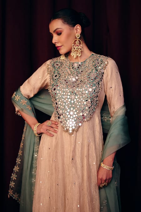 Buy_Label Moni K_Green Organza, Tissue Mirrors, Sequins, Ranjhna Work Anarkali With Dupatta _Online_at_Aza_Fashions