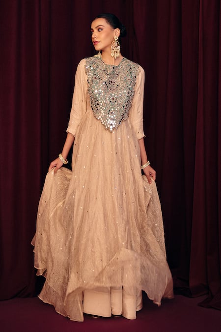Shop_Label Moni K_Green Organza, Tissue Mirrors, Sequins, Ranjhna Work Anarkali With Dupatta _Online_at_Aza_Fashions