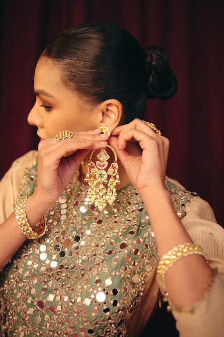 Label Moni K_Green Organza, Tissue Mirrors, Sequins, Ranjhna Work Anarkali With Dupatta _at_Aza_Fashions