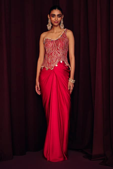 Buy_Label Moni K_Pink Organza, Satin Sequins, Beads Gulabi Embroidered Corset And Draped Skirt Set _Online_at_Aza_Fashions