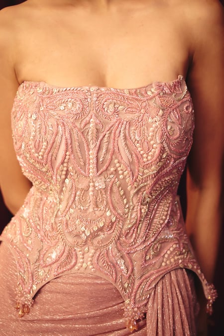 Shop_Label Moni K_Pink Organza, Net Embroidery, Sequins, Blush Pre-draped Saree Skirt With Corset 