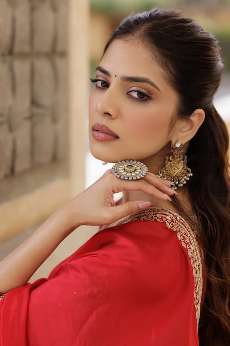 Punit Balana_Red Chanderi , Lycra, Organza Embroidery Scoop Surkh Laal Anarkali Set _Online_at_Aza_Fashions