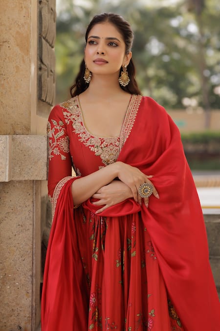 Shop_Punit Balana_Red Chanderi , Lycra, Organza Embroidery Scoop Surkh Laal Anarkali Set _Online_at_Aza_Fashions