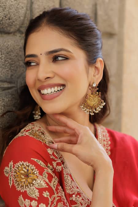 Punit Balana_Red Chanderi , Lycra, Organza Embroidery Scoop Surkh Laal Anarkali Set _at_Aza_Fashions