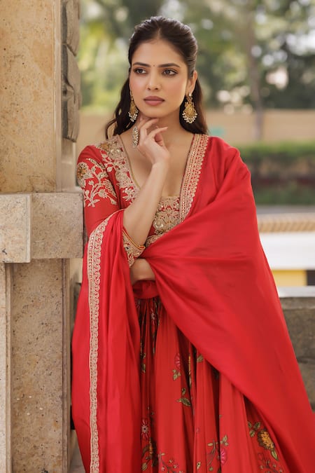 Buy_Punit Balana_Red Chanderi , Lycra, Organza Embroidery Scoop Surkh Laal Anarkali Set 