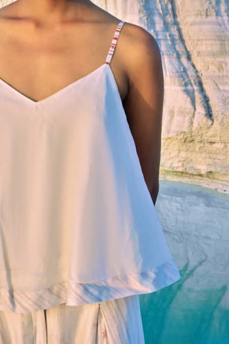 Ahmev_Ivory Cotton, Chanderi V-neck Thazin Strap Top _Online_at_Aza_Fashions