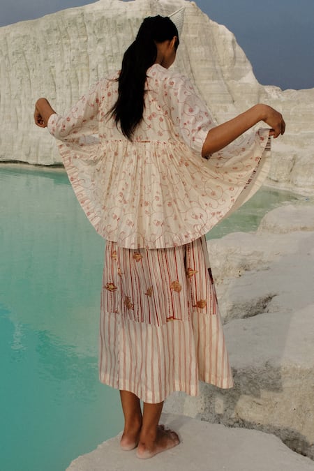 Shop_Ahmev_Ivory Cotton, Chanderi Round Neck Taya Raglan Top _Online_at_Aza_Fashions