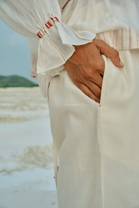 Ahmev_Ivory Chanderi Embroidery, Tassels, Lace Round Neck Aye Dolman Top _Online_at_Aza_Fashions