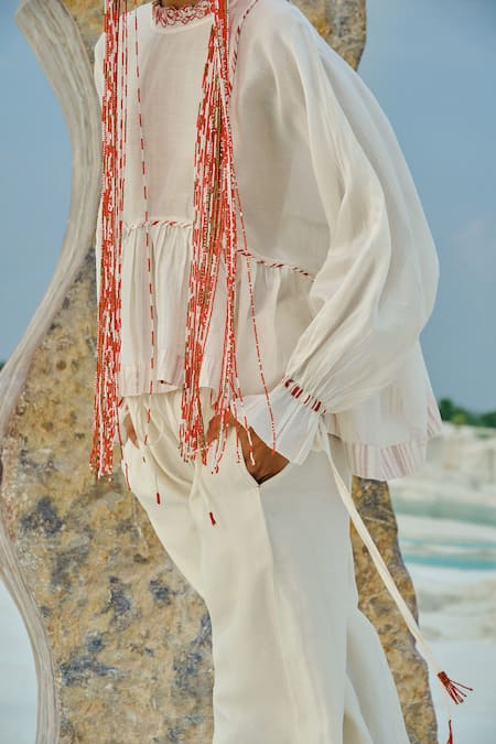 Ahmev_Ivory Chanderi Embroidery, Tassels, Lace Round Neck Aye Dolman Top _at_Aza_Fashions