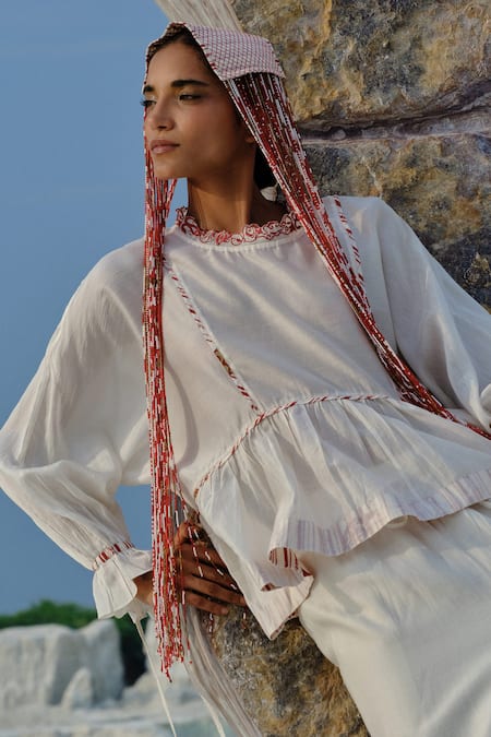 Shop_Ahmev_Ivory Chanderi Embroidery, Tassels, Lace Round Neck Aye Dolman Top 