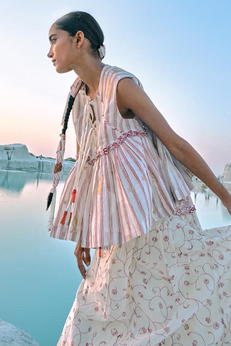 Ahmev_Ivory Cotton, Chanderi Embroidery, Beads, Tassels Round Neck Pwint Tie Up Top _Online_at_Aza_Fashions