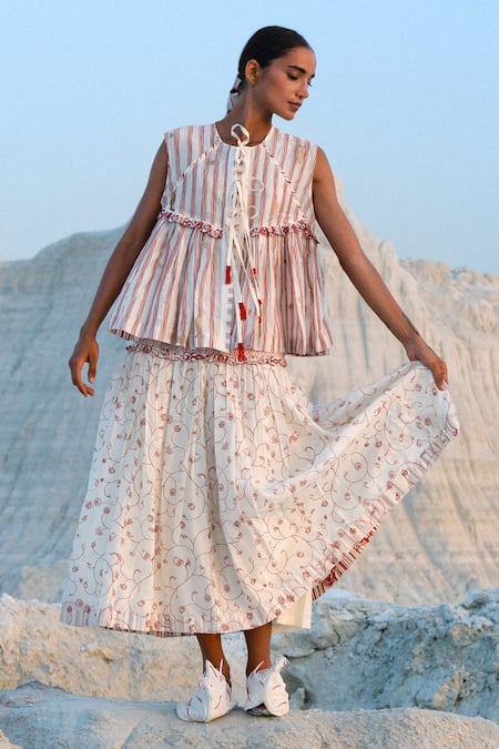 Buy_Ahmev_Ivory Cotton, Chanderi Embroidery, Beads, Tassels Round Neck Pwint Tie Up Top _Online_at_Aza_Fashions