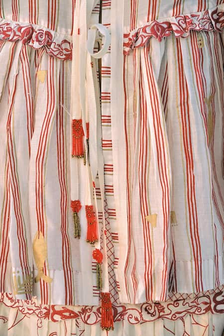 Shop_Ahmev_Ivory Cotton, Chanderi Embroidery, Beads, Tassels Round Neck Pwint Tie Up Top _Online_at_Aza_Fashions