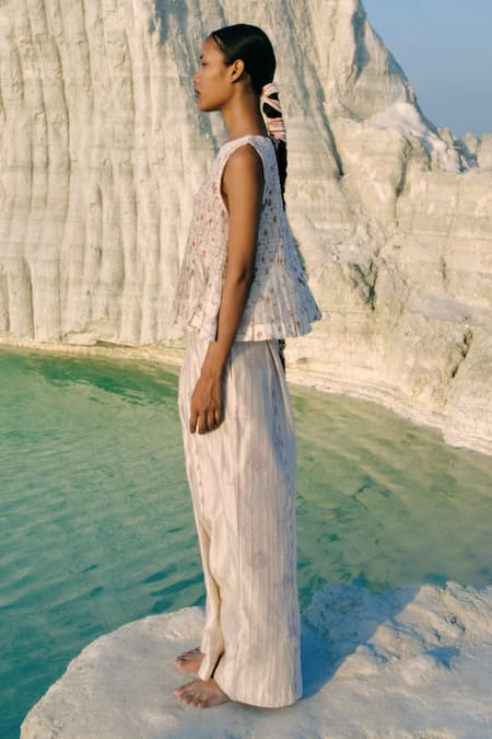 Ahmev_Ivory Cotton, Chanderi Smocking Boat Neck Zeya Ruched Top _Online_at_Aza_Fashions