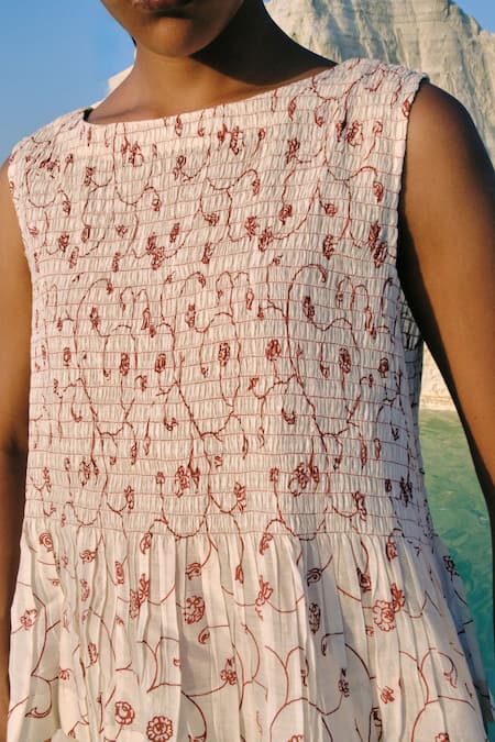 Shop_Ahmev_Ivory Cotton, Chanderi Smocking Boat Neck Zeya Ruched Top _Online_at_Aza_Fashions