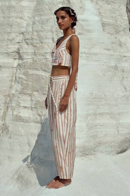 Ahmev_Ivory Cotton, Chanderi V-neck Than Stripe Pattern Bustier  _at_Aza_Fashions